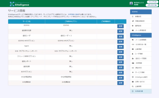 EXtelligenceサービス情報画面